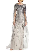 Sequin-Embroidered Cape Gown