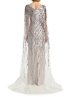 Sequin-Embroidered Cape Gown