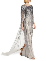 Sequin-Embroidered Cape Gown