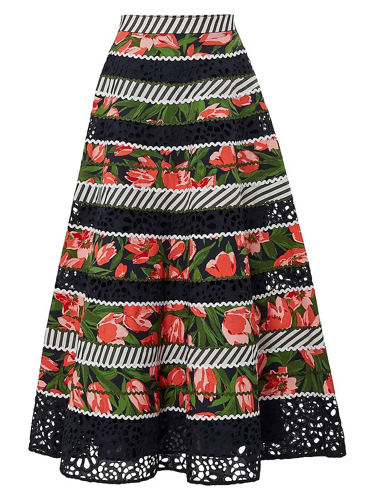 Floral Striped Eyelet Maxi Skirt