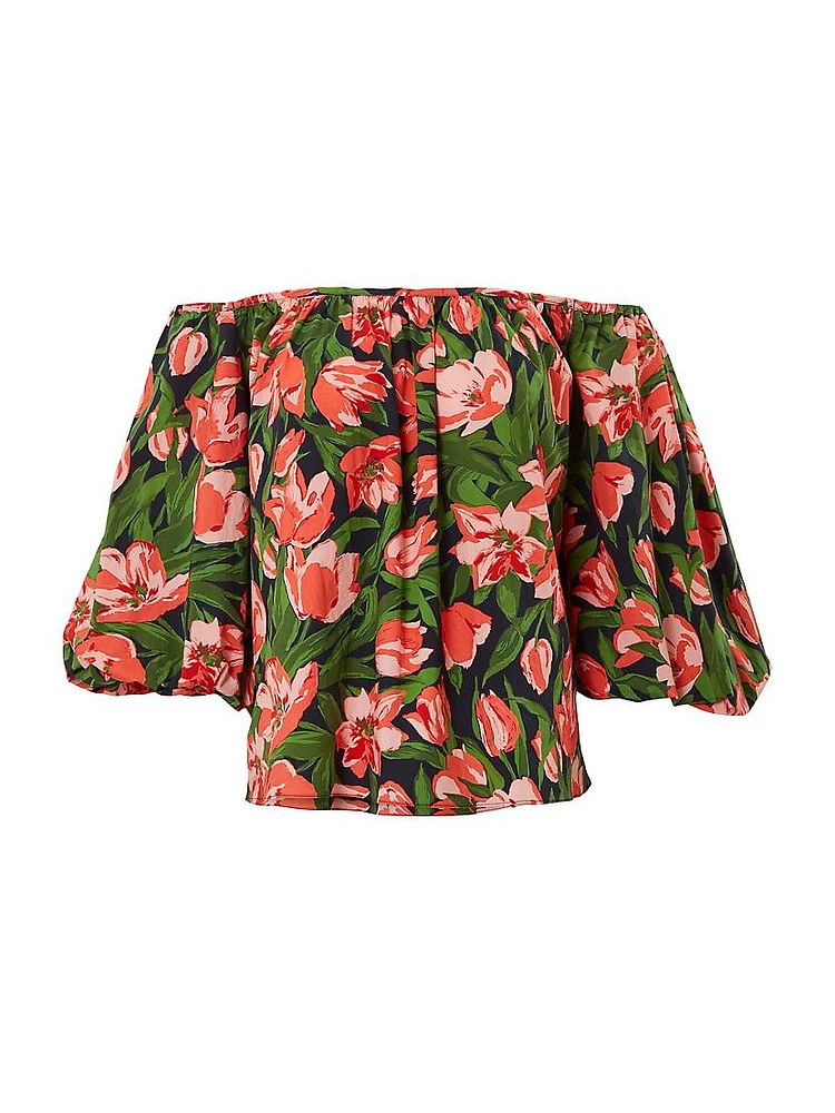 Floral Stretch-Cotton Puff-Sleeve Off-the-Shoulder Top