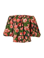 Floral Stretch-Cotton Puff-Sleeve Off-the-Shoulder Top