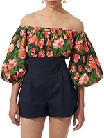 Floral Stretch-Cotton Puff-Sleeve Off-the-Shoulder Top