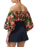 Floral Stretch-Cotton Puff-Sleeve Off-the-Shoulder Top