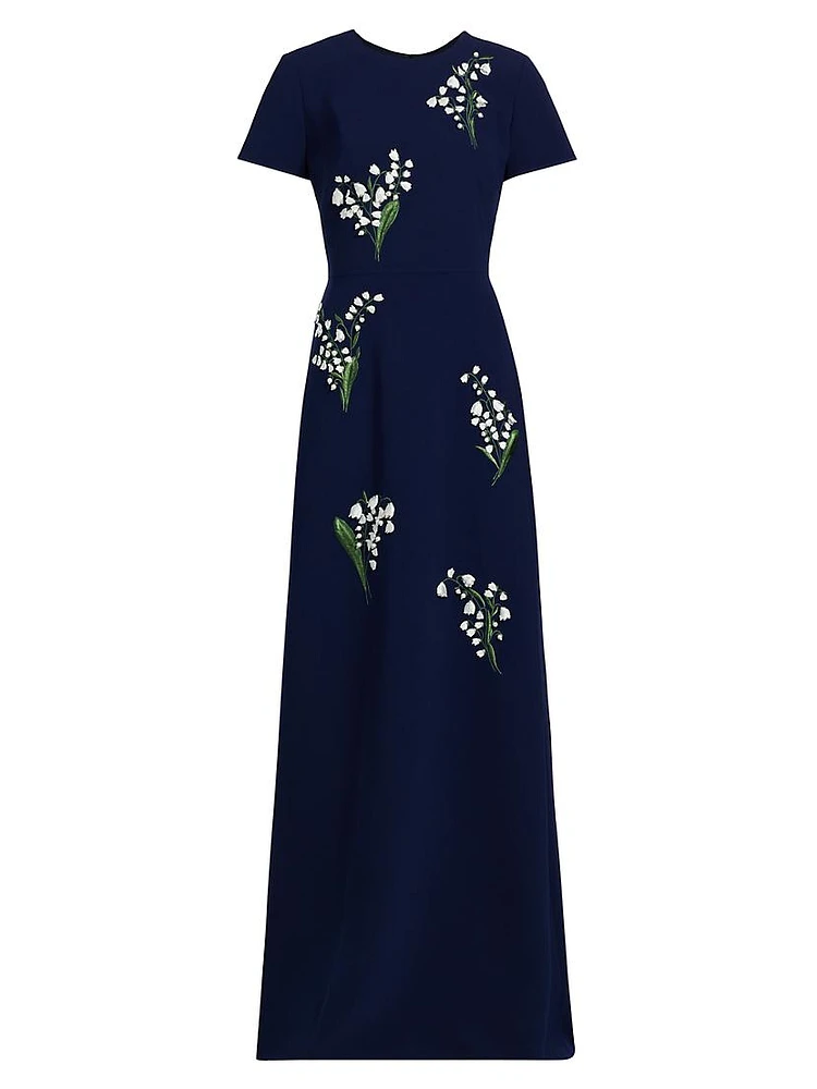 Embroidered Crewneck Short-Sleeve Gown