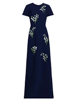 Embroidered Crewneck Short-Sleeve Gown