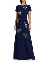 Embroidered Crewneck Short-Sleeve Gown