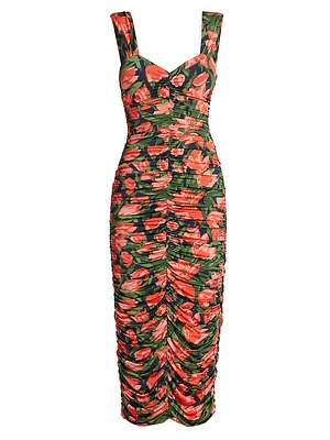 Floral Ruched Sleeveless Midi-Dress