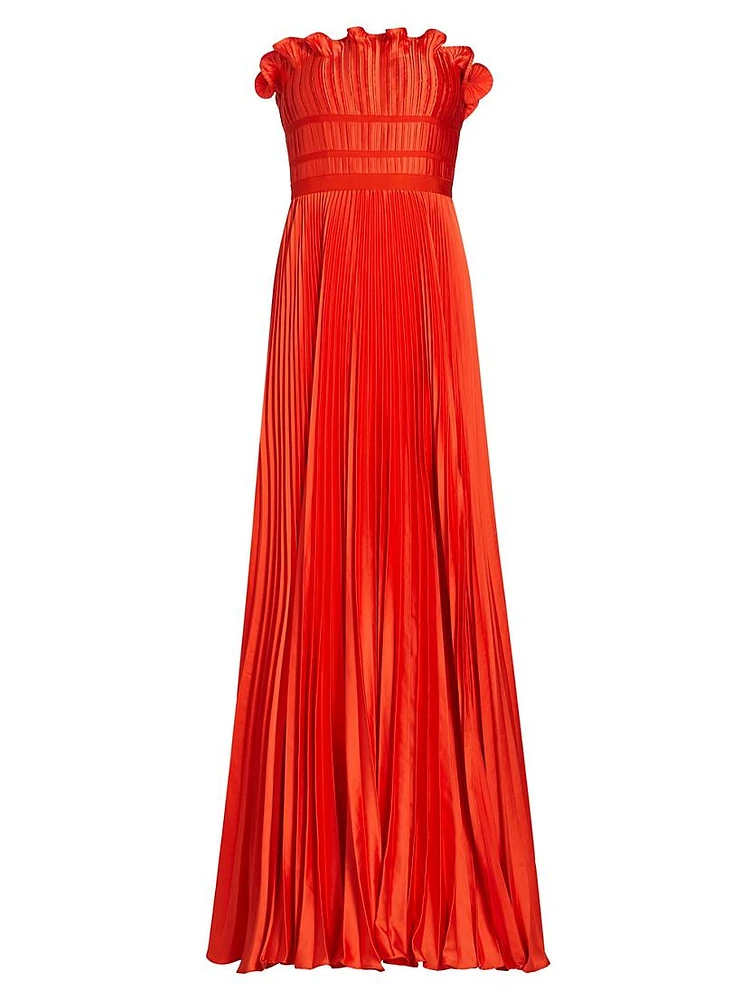 Losey Pleated Satin Ruffle-Neck Gown