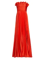 Losey Pleated Satin Ruffle-Neck Gown