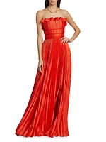 Losey Pleated Satin Ruffle-Neck Gown