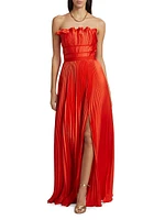 Losey Pleated Satin Ruffle-Neck Gown