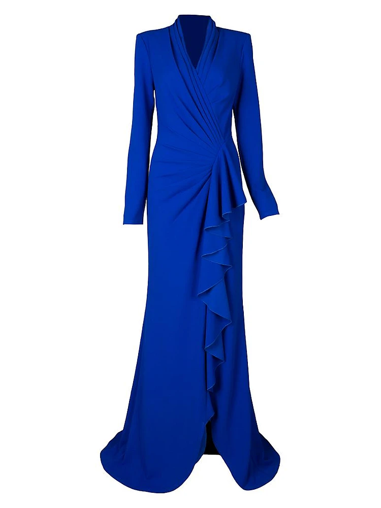 Crepe Ruffled Long-Sleeve Gown