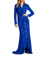 Crepe Ruffled Long-Sleeve Gown