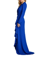 Crepe Ruffled Long-Sleeve Gown