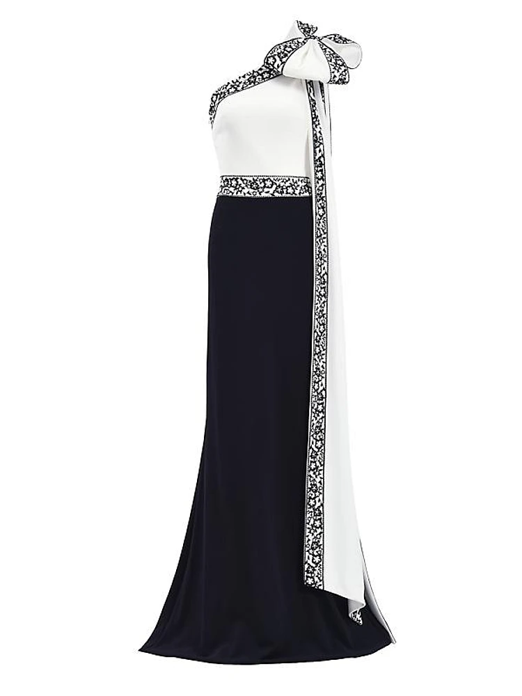 One-Shoulder Bow Embroidered Gown