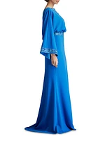 Embroidered Blouson Cowl-Back Gown