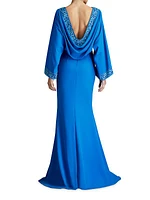 Embroidered Blouson Cowl-Back Gown