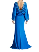 Embroidered Blouson Cowl-Back Gown