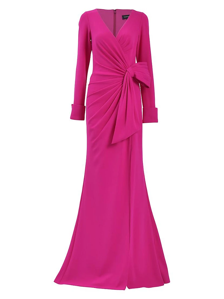 Draped Bow Long-Sleeve Gown