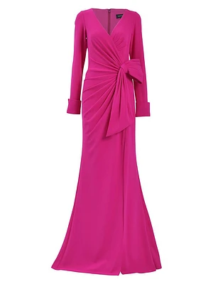 Draped Bow Long-Sleeve Gown