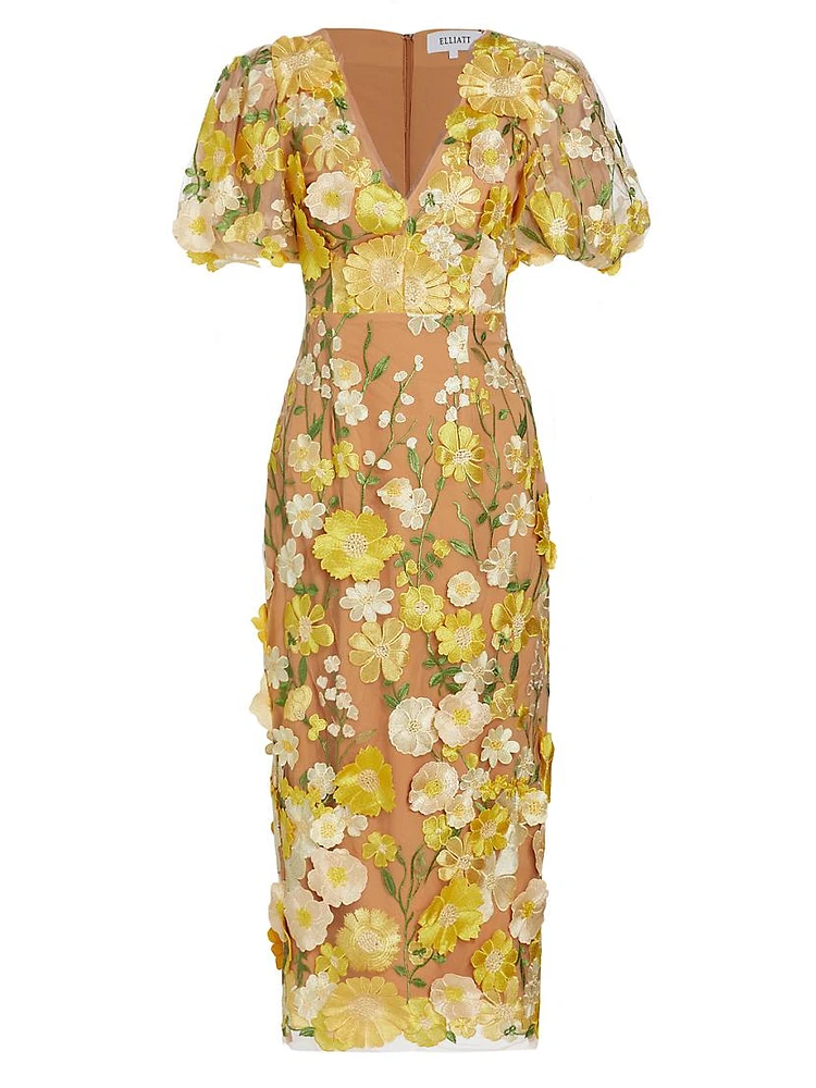 Indie Floral Puff-Sleeve Midi-Dress