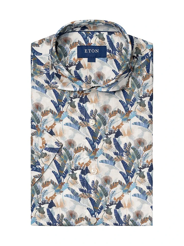 Contemporary-Fit Palm Print Linen Short-Sleeve Shirt