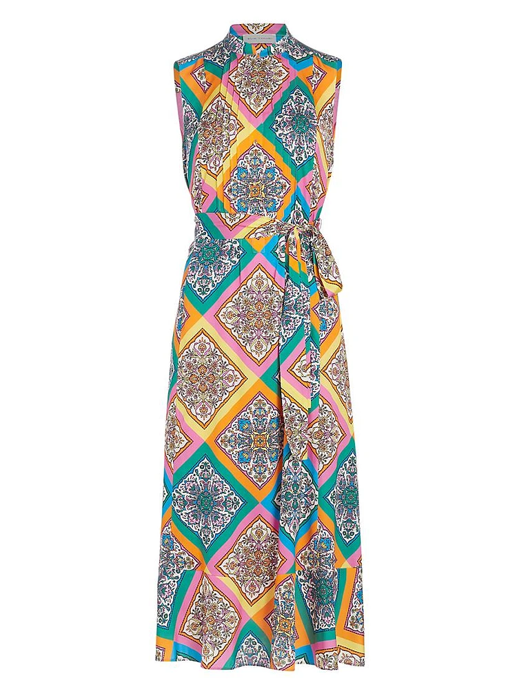 Phoebe Mosaic Silk Tie-Waist Midi-Dress