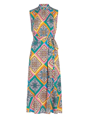 Phoebe Mosaic Silk Tie-Waist Midi-Dress