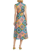 Phoebe Mosaic Silk Tie-Waist Midi-Dress