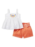 Little Girl's & Embroidered Top Paperbag Waist Shorts Set