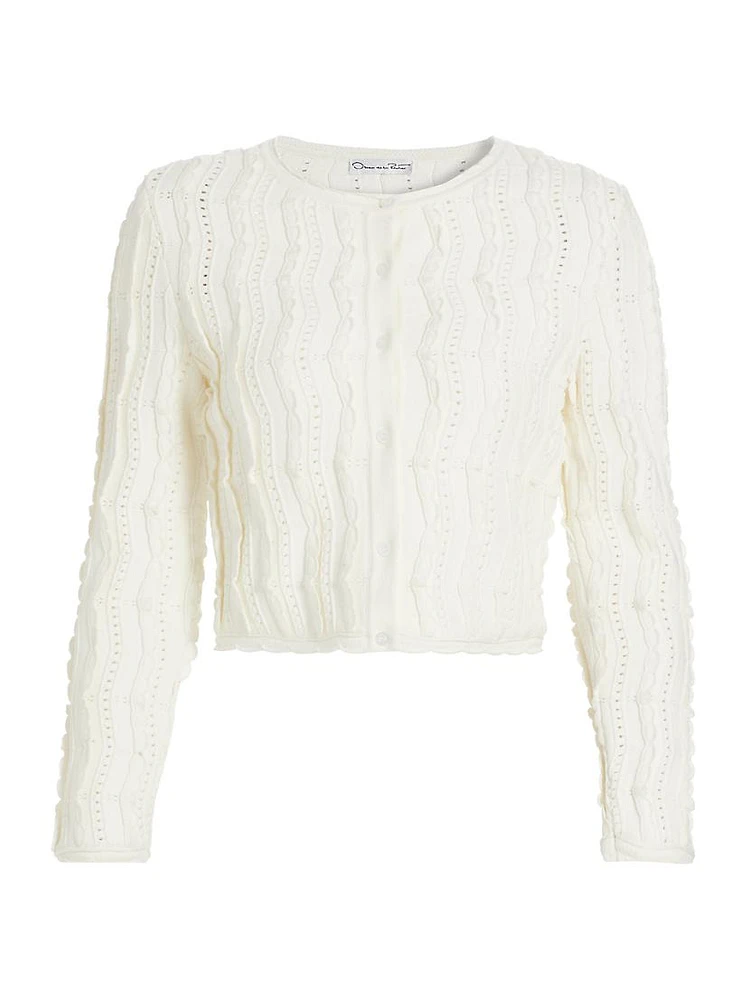 Wave-Knit Crewneck Crop Cardigan