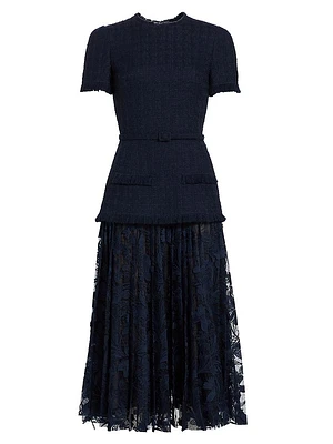 Wool-Blend Tweed & Guipure Lace Midi-Dress