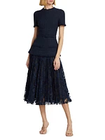 Wool-Blend Tweed & Guipure Lace Midi-Dress