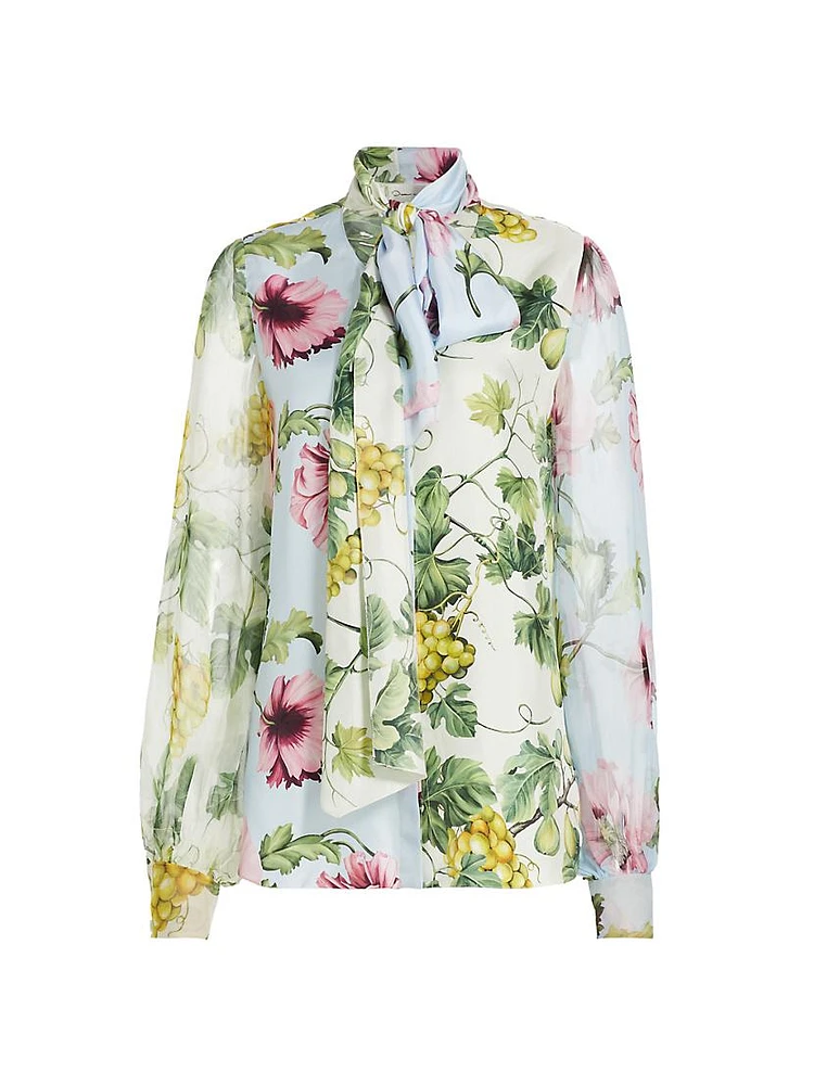 Floral Silk Tieneck Blouse