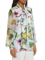 Floral Silk Tieneck Blouse