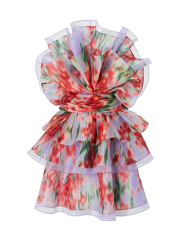 Floral Silk Ruffled Strapless Minidress