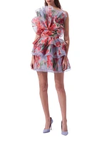 Floral Silk Ruffled Strapless Minidress