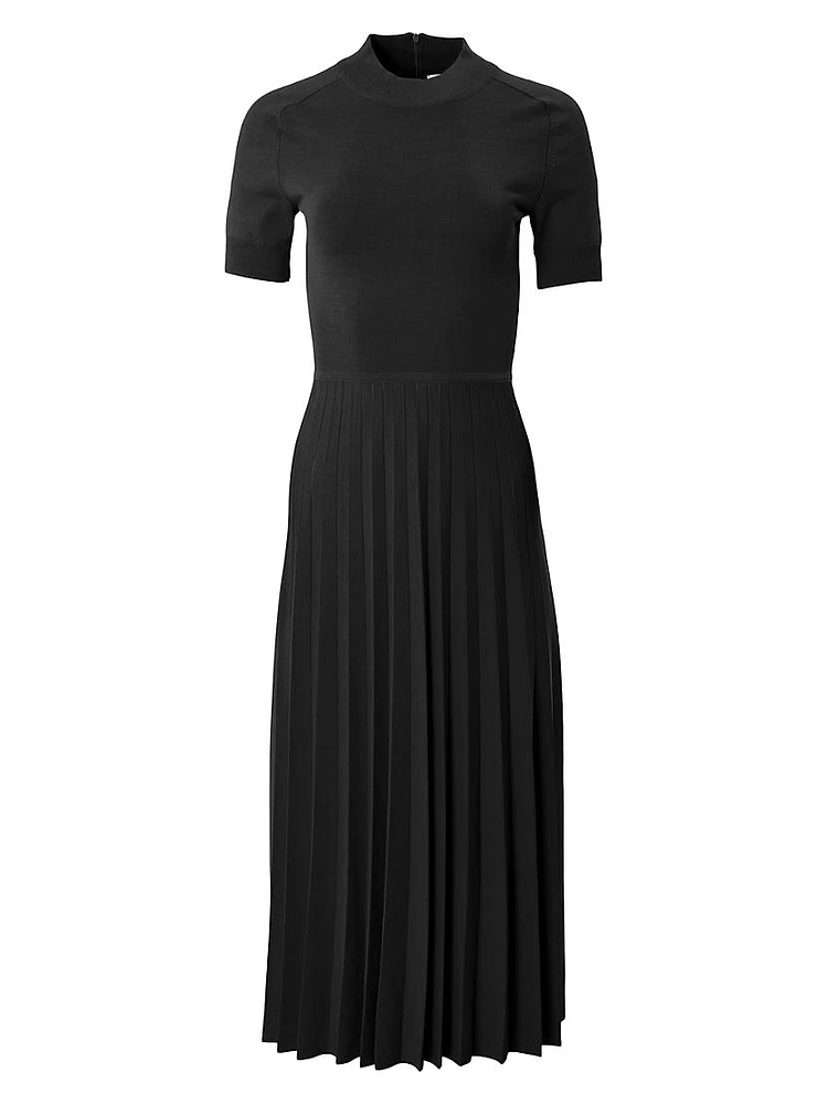 Knit Mock Turtleneck Pleated Midi-Dress