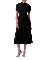 Knit Mock Turtleneck Pleated Midi-Dress