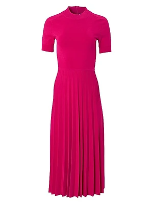 Knit Mock Turtleneck Pleated Midi-Dress