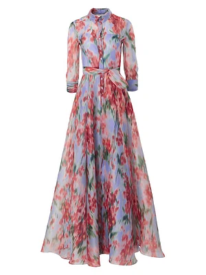 Floral Silk Tie-Waist Shirt Gown