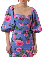 Floral Stretch-Cotton Balloon-Sleeve Midi-Dress