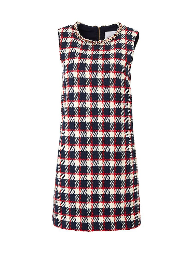 Chain-Embellished Plaid Cotton-Blend Shift Minidress