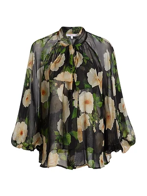 Floral Silk Tie-Neck Blouse