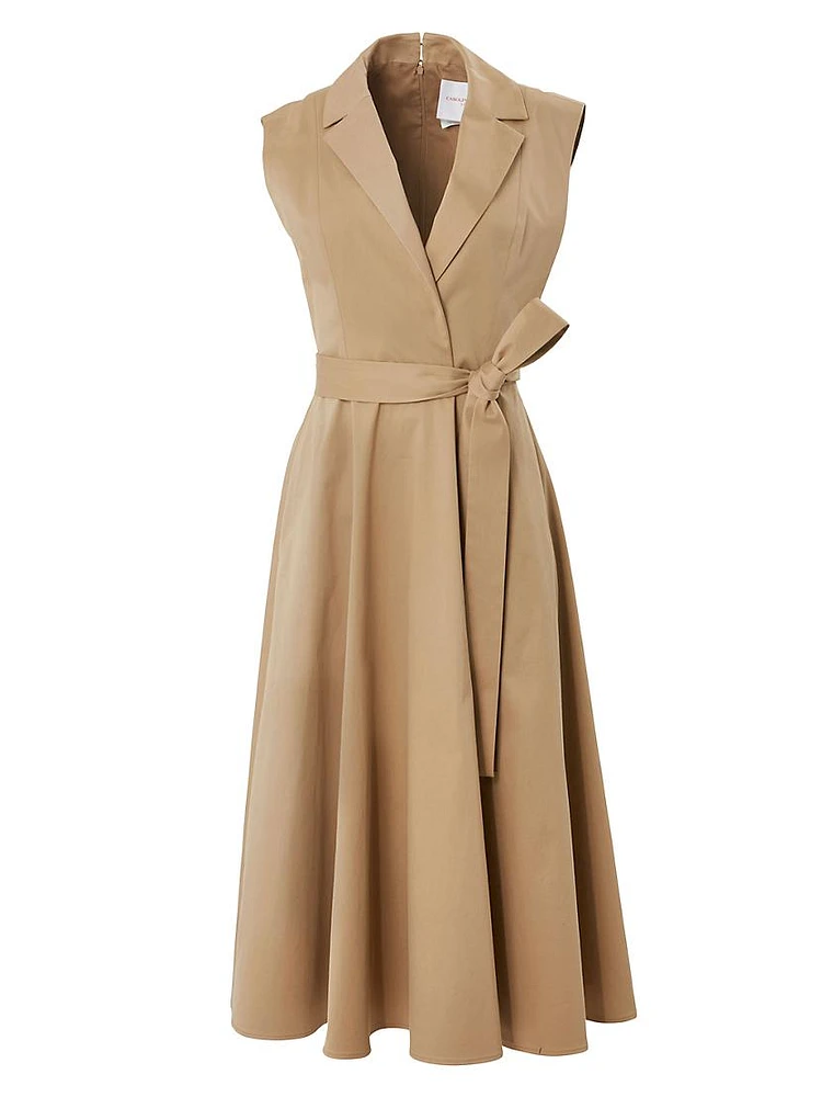 Stretch-Cotton Sleeveless Tie-Waist Trench Midi Dress