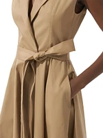 Stretch-Cotton Sleeveless Tie-Waist Trench Midi Dress