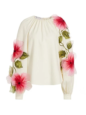 Appliqué Floral Hibiscus Silk-Blend Georgette Blouse