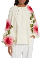 Appliqué Floral Hibiscus Silk-Blend Georgette Blouse