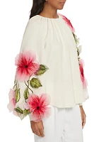 Appliqué Floral Hibiscus Silk-Blend Georgette Blouse